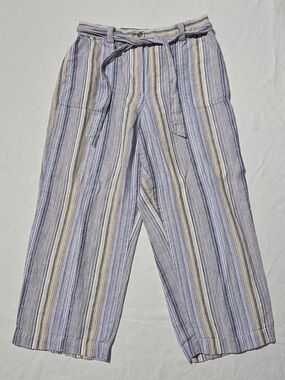 Vintage Linen Striped Wide-Leg Capris - Blue & Cream